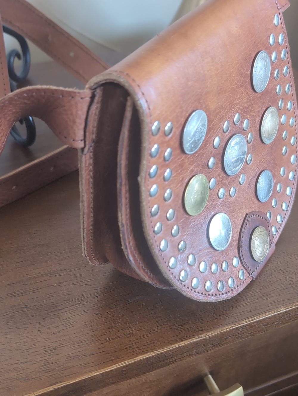 Vintage Moroccan Leather Belt/Cross Shoulder Bag Vintage European Coins Unisex - Picture 3 of 15